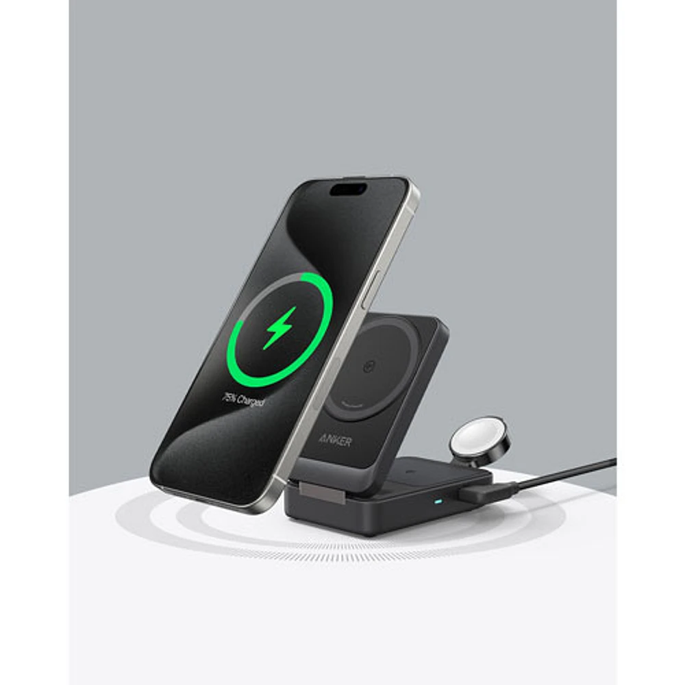 Anker Qi2 MagGo 3-in-1 15W Wireless Charging Station with MagSafe - Black