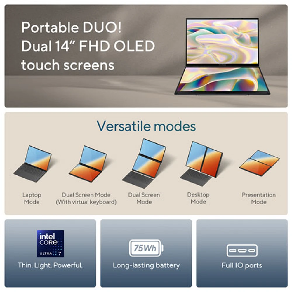 ASUS Zenbook DUO 14" OLED Touchscreen Laptop - Grey (Intel Core Ultra 7 EVO/1TB SSD/16GB RAM) - En