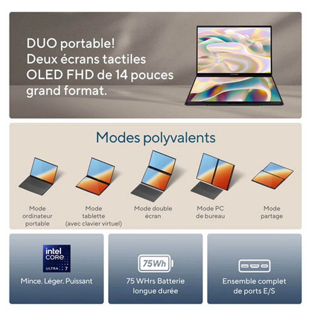 ASUS Zenbook DUO 14" OLED Touchscreen Laptop - Grey (Intel Core Ultra 7 EVO/1TB SSD/16GB RAM) - En