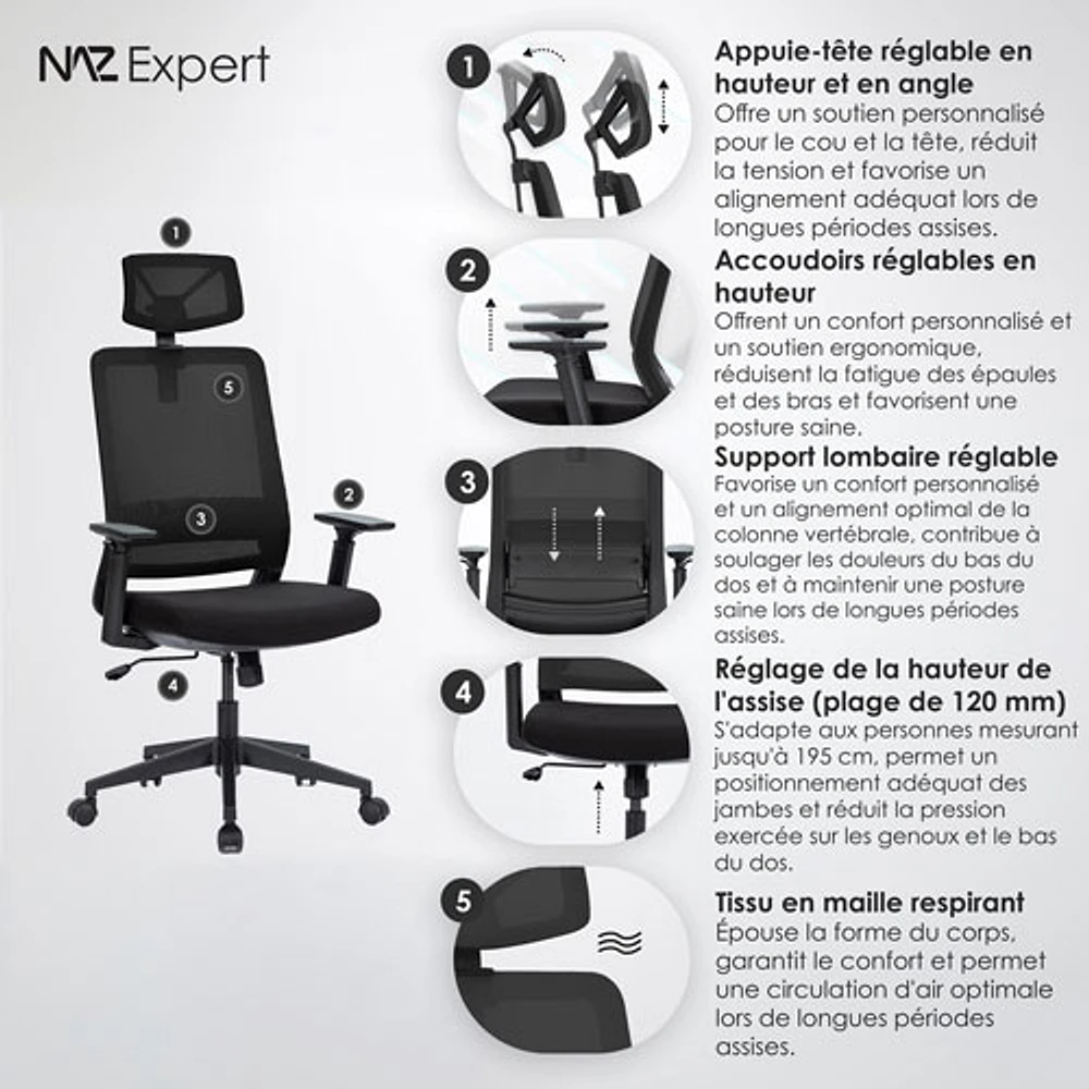 Naz Expert Ergonomic Mesh Executive Chair with Headrest - Black