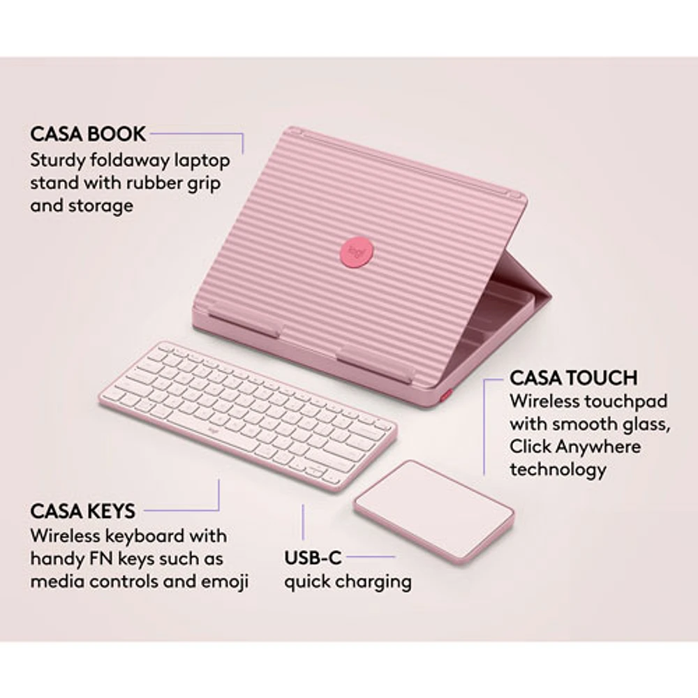 Ensemble bureau escamotable Casa de Logitech avec support pour portable, clavier et pavé tactile pour portable/MacBook (10 à 17 po) - Rose