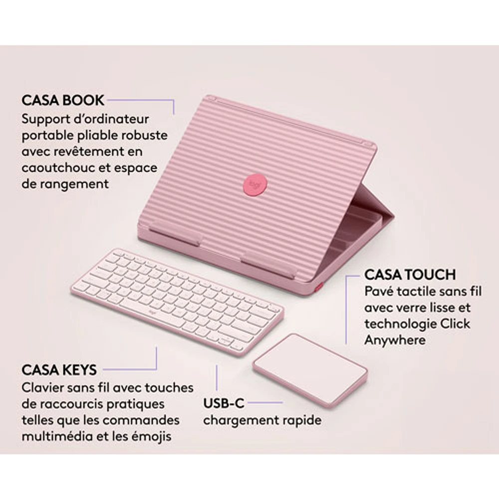 Ensemble bureau escamotable Casa de Logitech avec support pour portable, clavier et pavé tactile pour portable/MacBook (10 à 17 po) - Rose