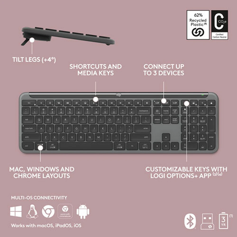 Ensemble avec clavier pleine grandeur et souris optique sans fil MK955 Signature Slim de Logitech - Anglais