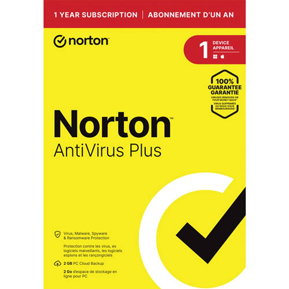 Norton AntiVirus Plus (PC/Mac) - 1 appareil - Stockage infonuagique de 2 Go - Abonnement de 1 an