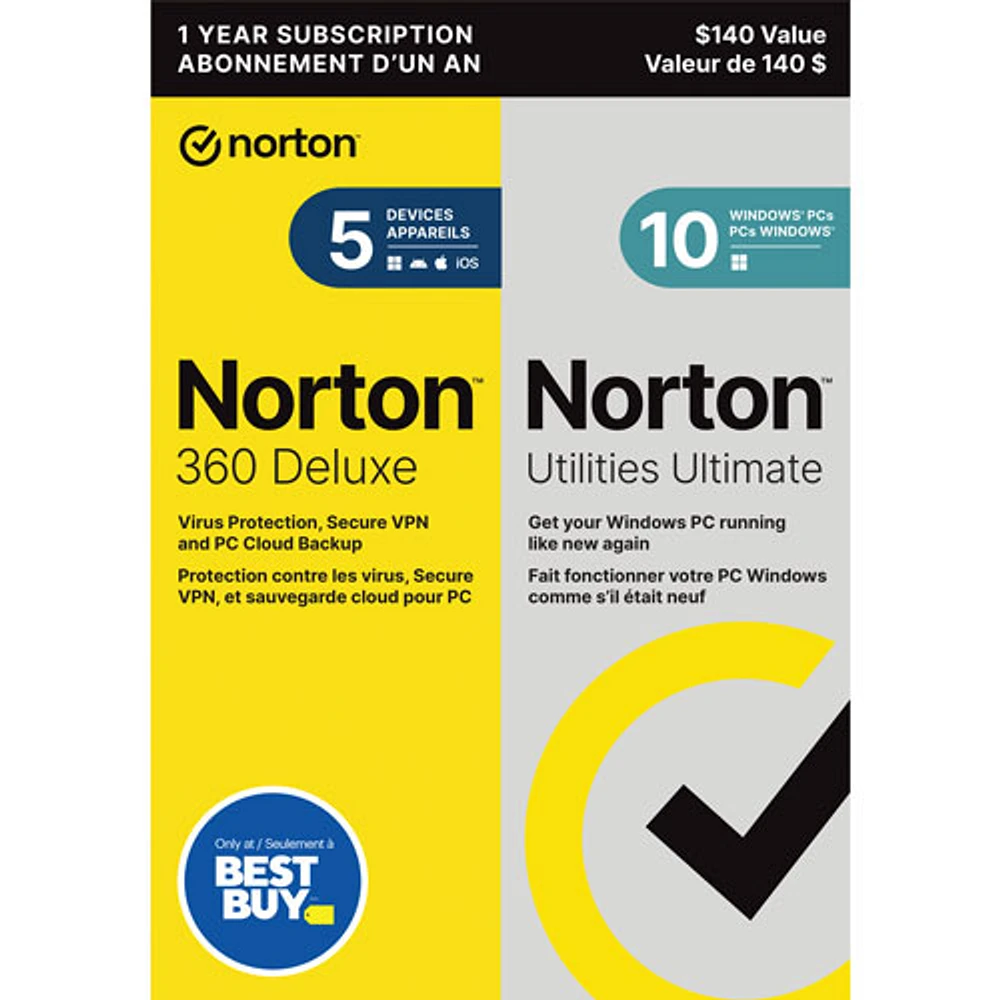 Norton 360 Deluxe with Utilities Ultimate (PC/Mac) - 5 Devices - 50GB Cloud Backup - 1 Year Subscription