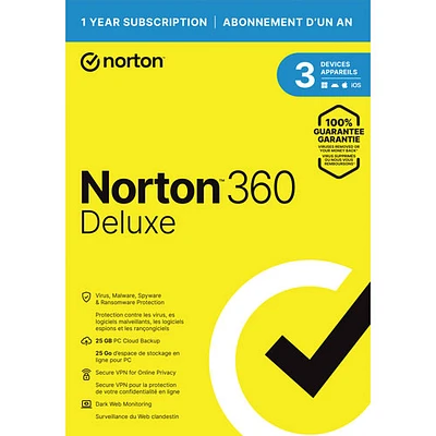 Norton 360 Deluxe (PC/Mac) - 3 Devices - 25GB Cloud Backup - 1 Year Subscription