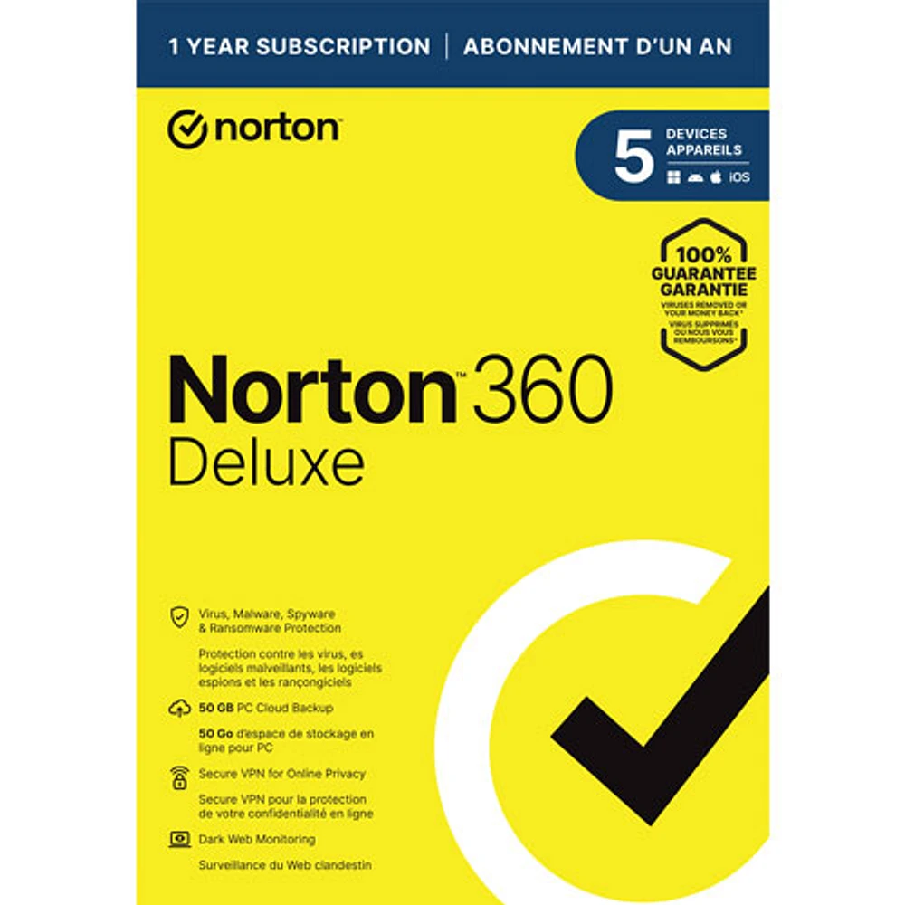 Norton 360 Deluxe (PC/Mac) - 5 Devices - 50GB Cloud Backup - 1 Year Subscription