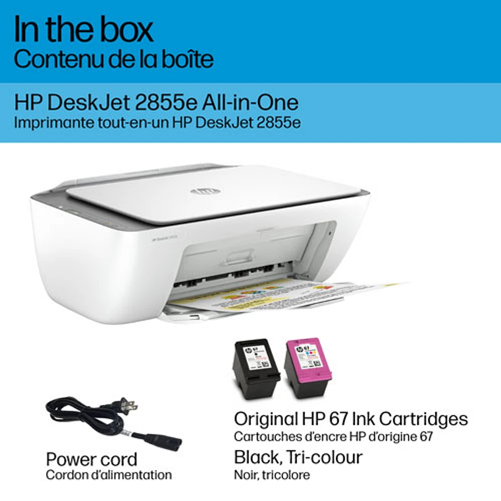 Imprimante à jet d'encre tout-en-un sans fil DeskJet 2855e de HP - Essai de 3 mois de Instant Ink de HP inclus*