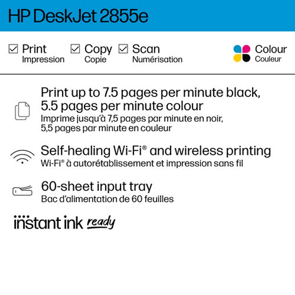 Imprimante à jet d'encre tout-en-un sans fil DeskJet 2855e de HP - Essai de 3 mois de Instant Ink de HP inclus*