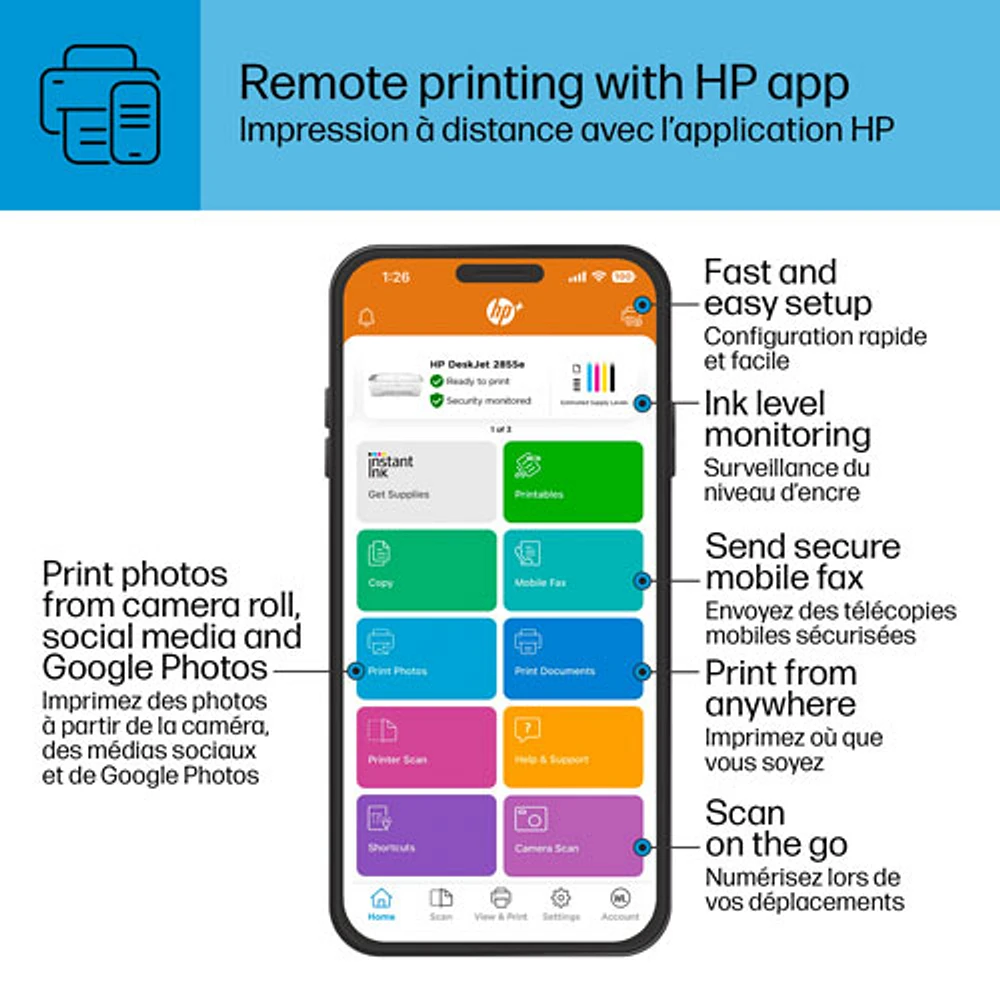 Imprimante à jet d'encre tout-en-un sans fil DeskJet 2855e de HP - Essai de 3 mois de Instant Ink de HP inclus*