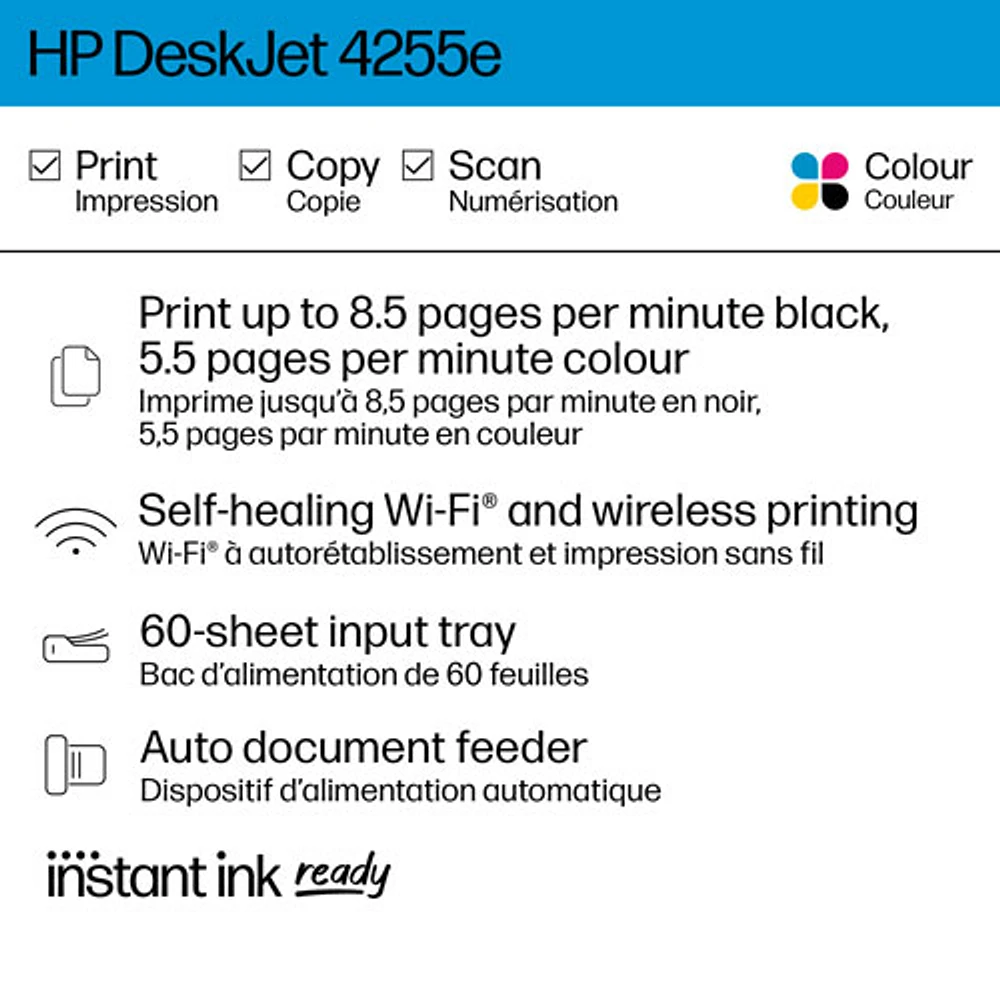 HP DeskJet 4255e Wireless All-In-One Inkjet Printer - HP Instant Ink 3-Month Free Trial Included*