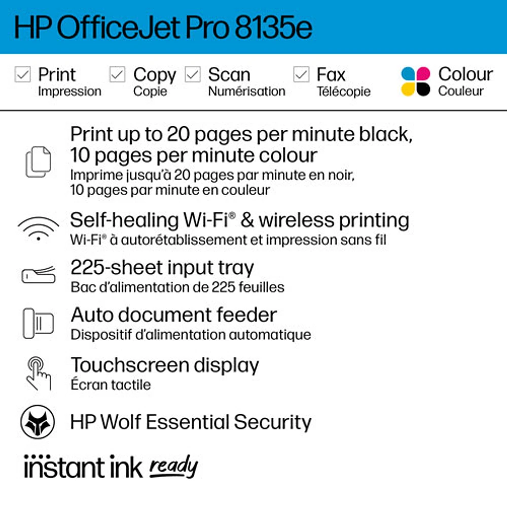 Imprimante à jet d'encre tout-en-un sans fil OfficeJet Pro 8135e de HP - Essai de 3 mois de Instant Ink de HP inclus*