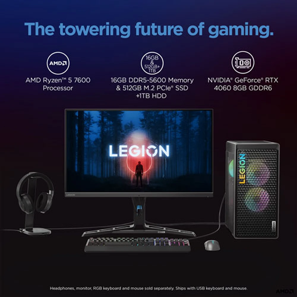 Ordinateur de jeu Legion Tower 5 de Lenovo - Gris tempête (Ryzen 5 7600 d'AMD/RAM 16 Go/SSD 512 Go/RTX 4060/Windows 11)