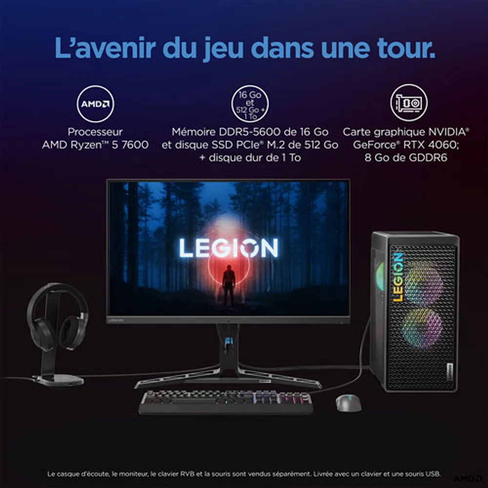 Ordinateur de jeu Legion Tower 5 de Lenovo - Gris tempête (Ryzen 5 7600 d'AMD/RAM 16 Go/SSD 512 Go/RTX 4060/Windows 11)