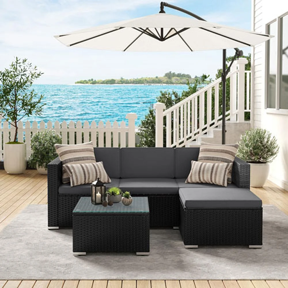 Boutique Home Rattan Patio Sectional Sofa with Cushion & Glass Table - Black/Grey