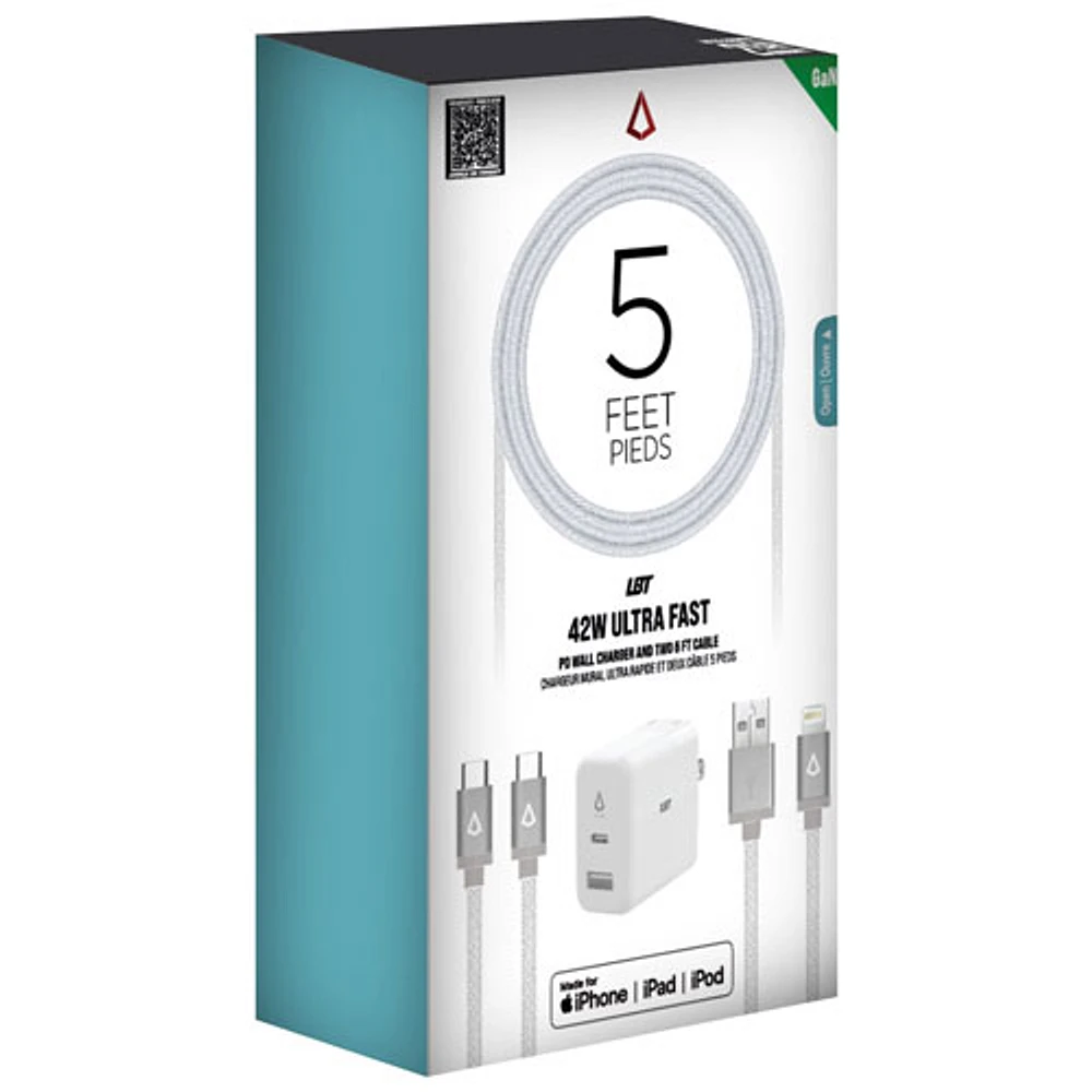 LBT 42W USB-C/USB-A Ports Wall Charger with 5 ft USB-C to C Cable & USB-A to Lightning Cable