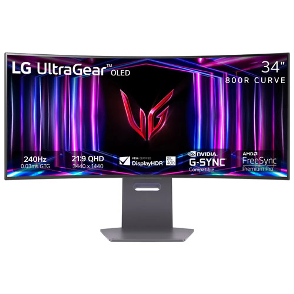 Moniteur de jeu G-Sync DEL incurvé DELO 1440p UWQHD 240 Hz 0,03 ms gris à gris 34 po UltraGear de LG (34GS95QE-B) - Violet/Gris