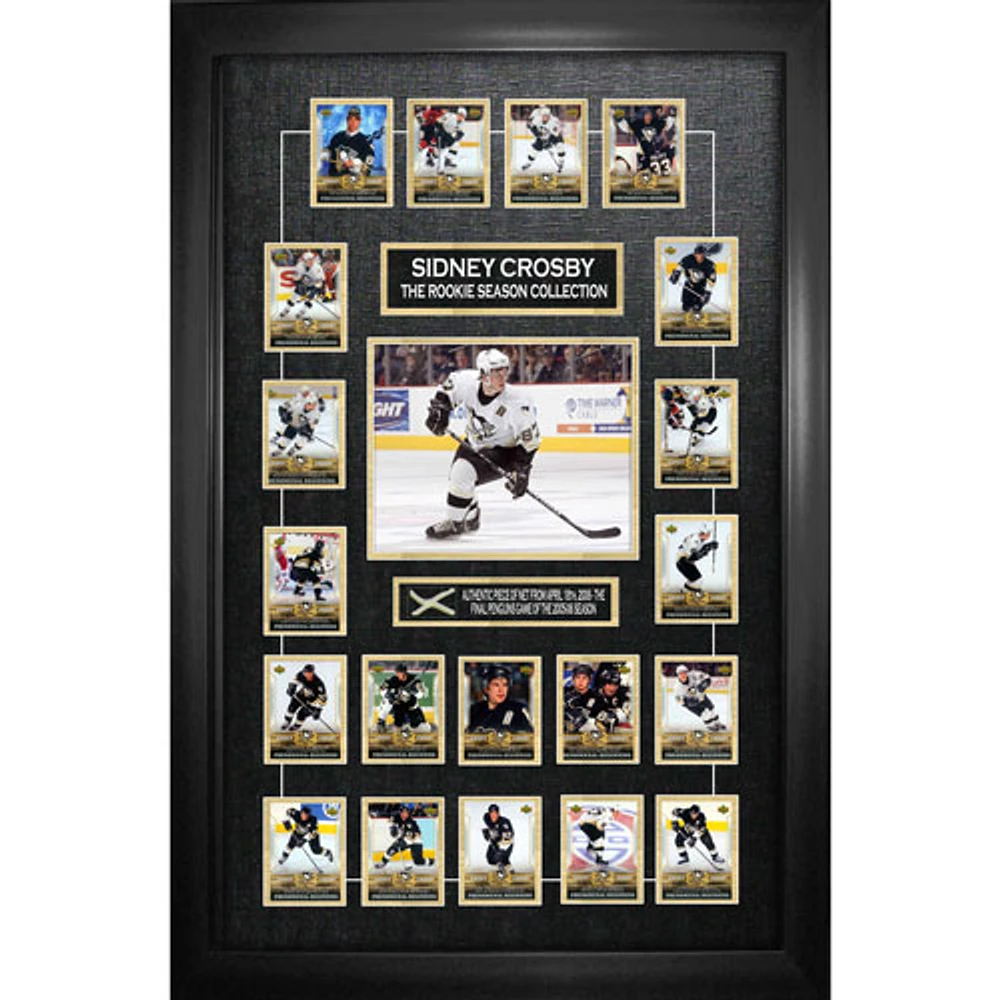 Frameworth Pittsburgh Penguins: Sidney Crosby Framed Photo w/ Hockey Card Collage & Piece of Net from 2005-2006 Season