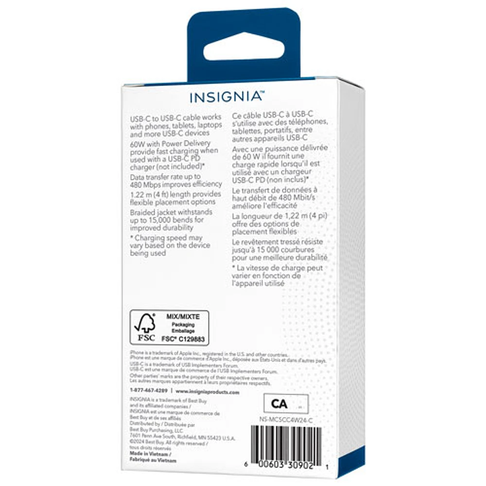 Insignia 1.2m (4ft) USB-C to USB-C Braided Cable (NS-MC5CC4W24-C) - White - Only at Best Buy