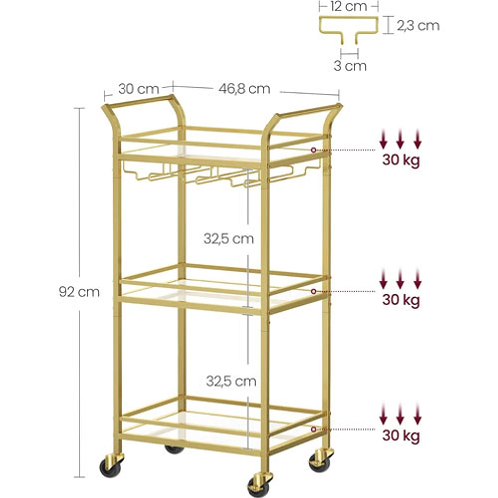 Boutique Home 3-Tier Contemporary Serving Cart - Gold