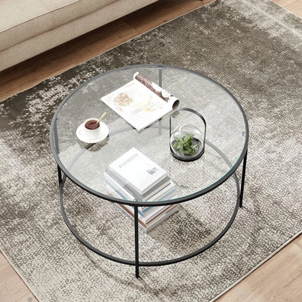 Boutique Home Contemporary Round Coffee Table with Glass Top - Black