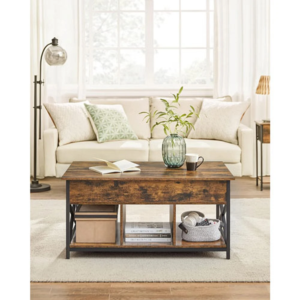 Lift Top Rustic Country Rectangular Coffee Table - Brown