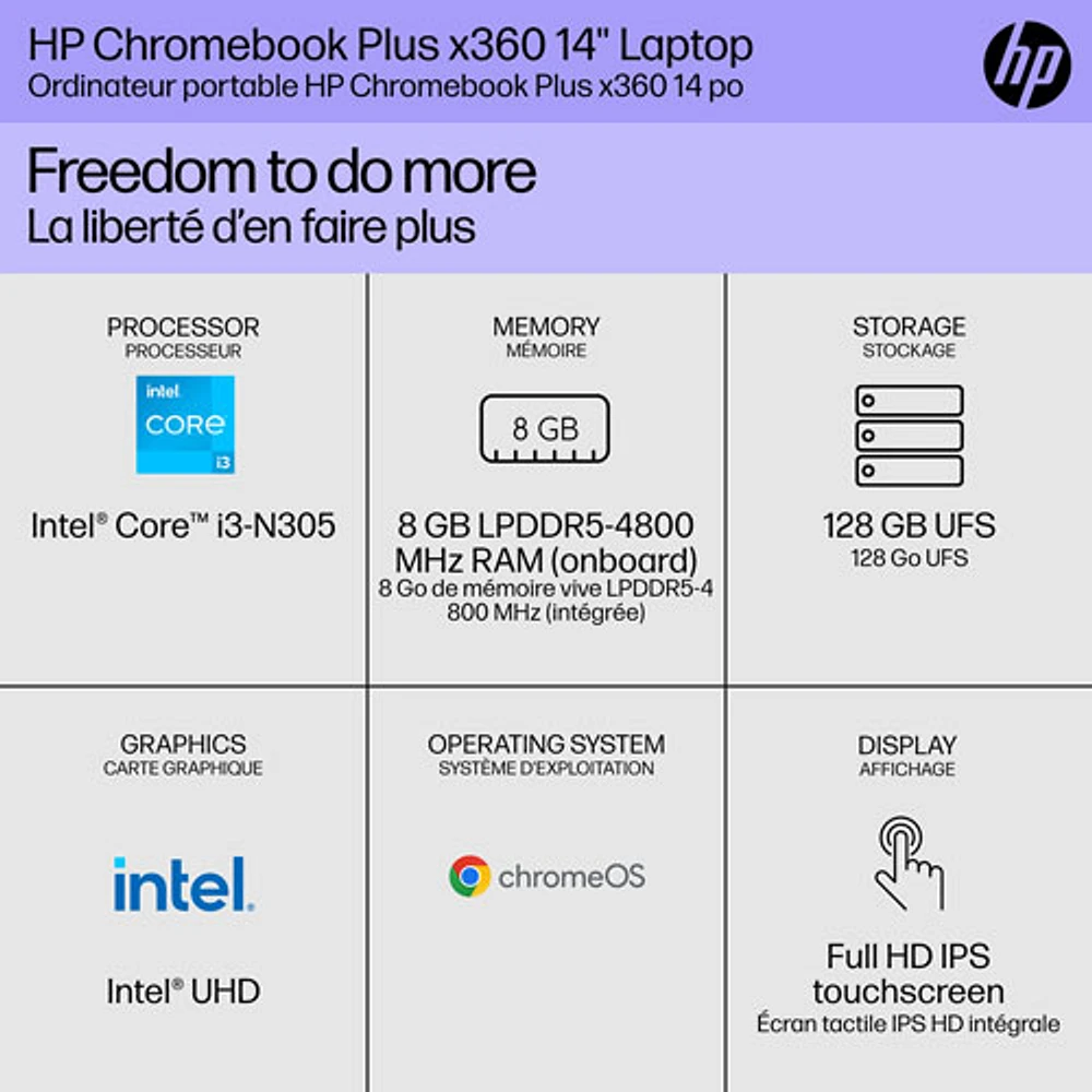 HP 14" x360 Chromebook Plus w/ 1 year of Gemini Advanced (Intel Core i3-N305/128GB/8GB RAM/ChromeOS)