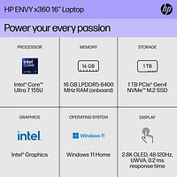 HP Envy x360 16" 2-in-1 Laptop - Glacier silver (Intel Core Ultra 7 155U/16GB RAM/1TB SSD)