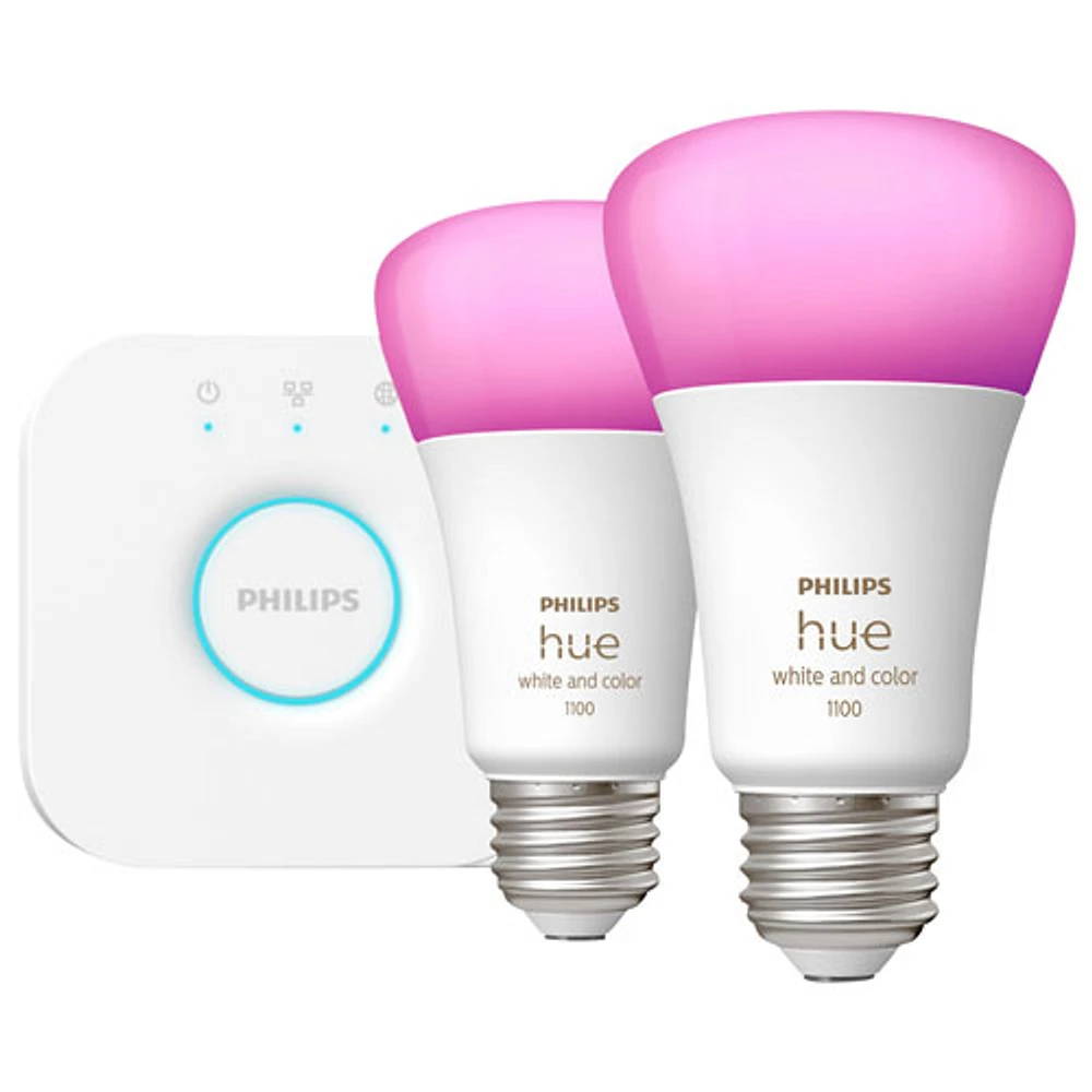 Philips Hue A19 Smart LED Light Bulb Starter Kit with Bridge - 2 Pack - White & Colour Ambiance - Only at Best Buy