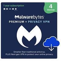 Malwarebytes Premium + Privacy VPN (PC/Mac) - 4 appareils - 1 an