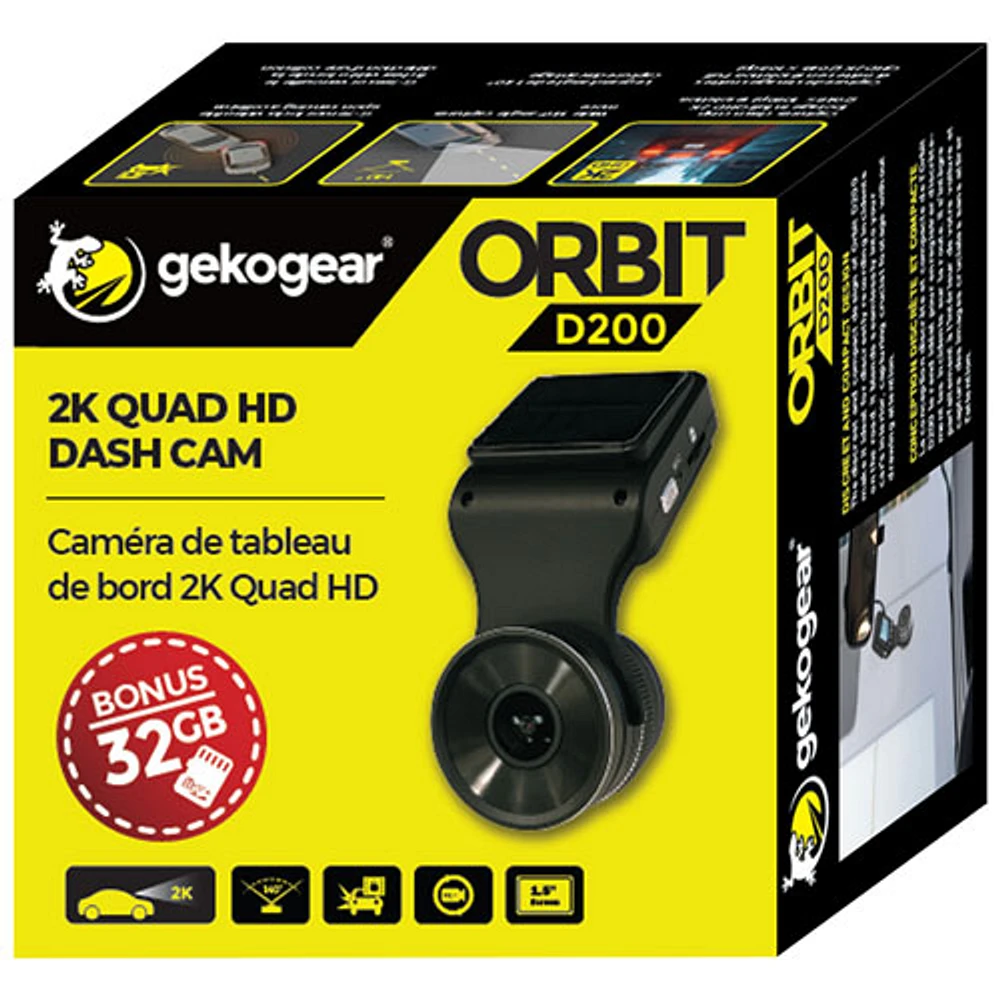 GekoGear Orbit D200 2K Quad HD Wi-Fi Dash Camera with 1.5" LCD Screen & 32GB MicroSD Card