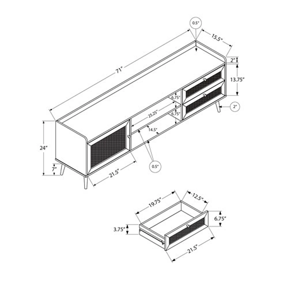 Meuble pour téléviseur de 72 po avec armoire de rangement fermée et 2 tiroirs de Monarch - Noyer