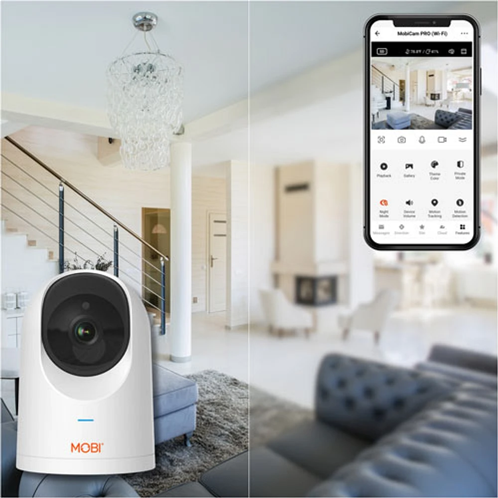 Interphone de surveillance Wi-Fi intelligent MobiCam PRO de Mobi avec pivot/inclinaison/zoom et vision nocturne en couleur
