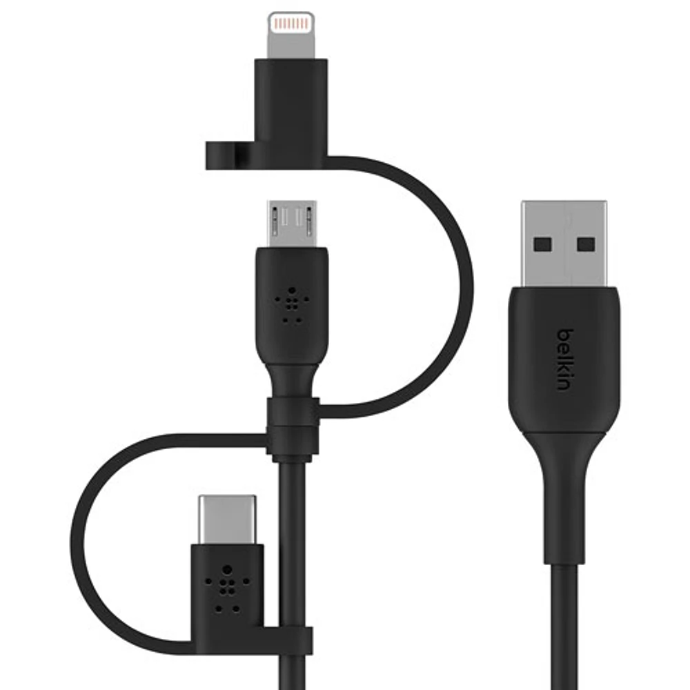 Câble USB-A à micro-USB 3-en-1 de 1 m (3,3 pi) avec adaptateurs USB-C/Lightning de Belkin (CAC001bt1MBK) - Noir