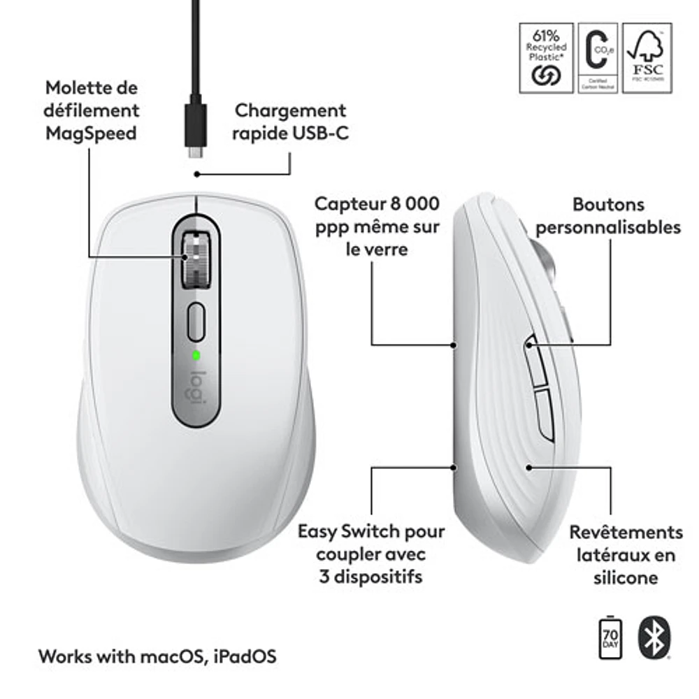 Souris compacte sans fil Darkfield MX Anywhere 3S de Logitech pour Mac - Gris pâle - Exclusivité de Best Buy