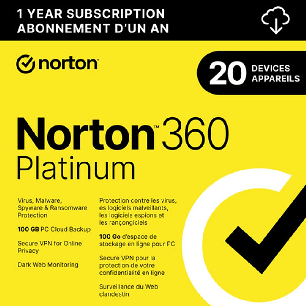 Norton 360 Platinum (PC/Mac/iOS/Android) - 20 Devices - 100GB Cloud Backup - 1 Year - Digital Download