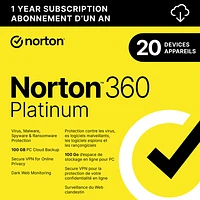 Norton 360 Platinum (PC/Mac/iOS/Android) - 20 Devices - 100GB Cloud Backup - 1 Year - Digital Download