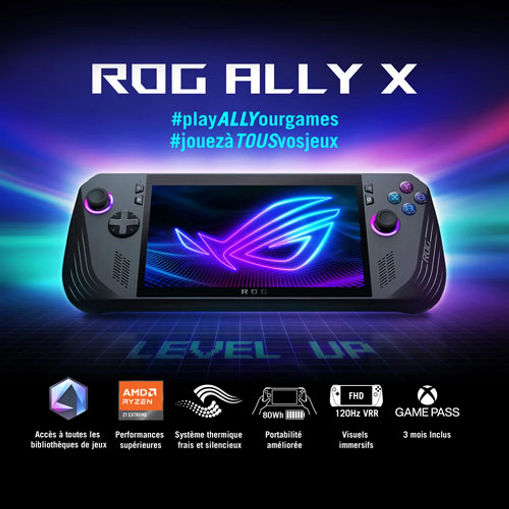 Console de jeu tactile 1080p ROG Ally X de 7 po d'ASUS (Ryzen Z1 Extreme d'AMD/RAM 24 Go/SSD 1 To/Windows 11 11/Xbox GamePass)