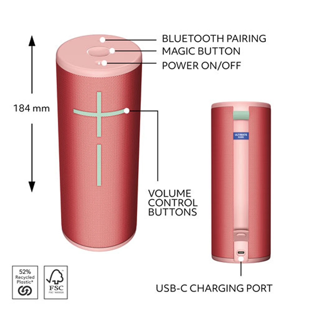 Ultimate Ears BOOM 4 Waterproof Bluetooth Wireless Speaker - Raspberry Red