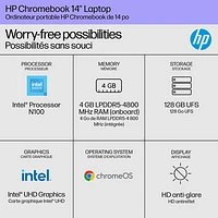 Chromebook de 14 po de HP - Argenté glacier (N100 série N d'Intel/RAM 4 Go/SSD 128 Go/ChromeOS)