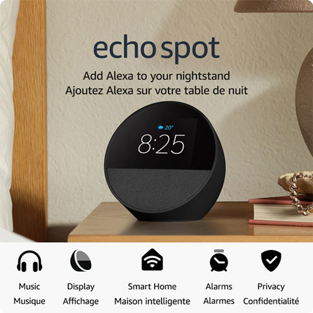 Réveille-matin intelligent Echo Spot d'Amazon avec Alexa