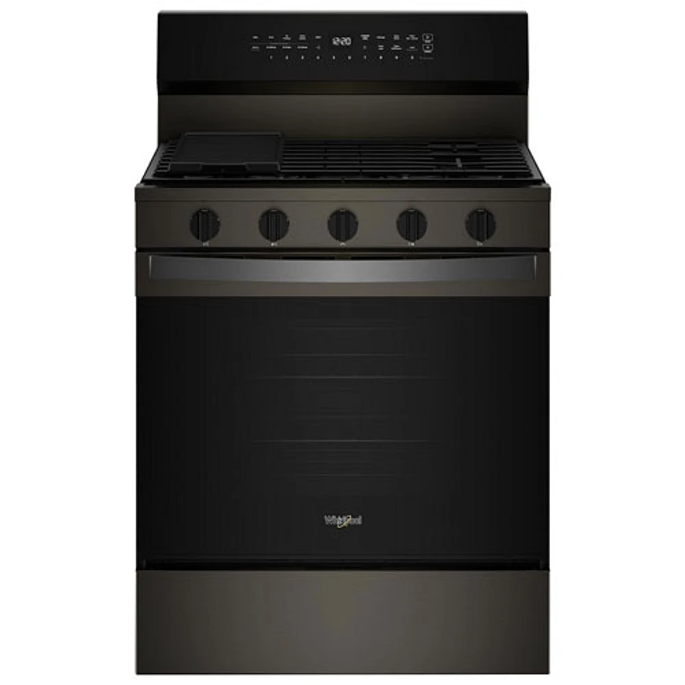 Cuisinière au gaz autonome de 30 po à 5 brûleurs avec four à convection véritable 5,0 pi³ et friture à air chaud de Whirlpool (WFGS7530RV) - Noir sur inox