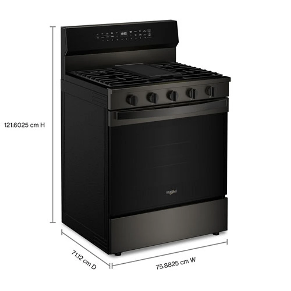 Cuisinière au gaz autonome de 30 po à 5 brûleurs avec four à convection véritable 5,0 pi³ et friture à air chaud de Whirlpool (WFGS7530RV) - Noir sur inox