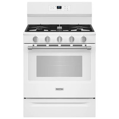 Cuisinière au gaz autonome de 30 po à 5 brûleurs et four de 5 pi³ à ventilateur de convection et friture à air chaud de Maytag (MFGS6030RW) - Blanc