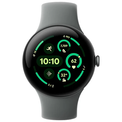 Montre Pixel Watch 3 (LTE + GPS) 45 mm de Google avec boîtier en aluminium vert lichen mat et bracelet sport vert lichen