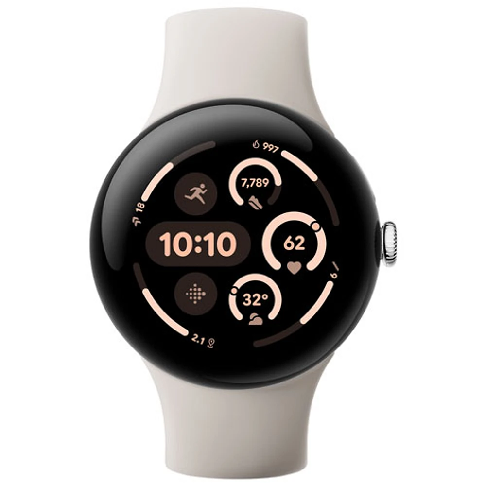 Montre Pixel Watch 3 (LTE + GPS) mm de Google avec boîtier en aluminium argenté poli et bracelet de sport porcelaine