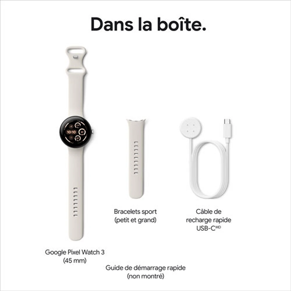 Montre Pixel Watch 3 (GPS) mm de Google avec boîtier en aluminium argenté poli et bracelet sport porcelaine