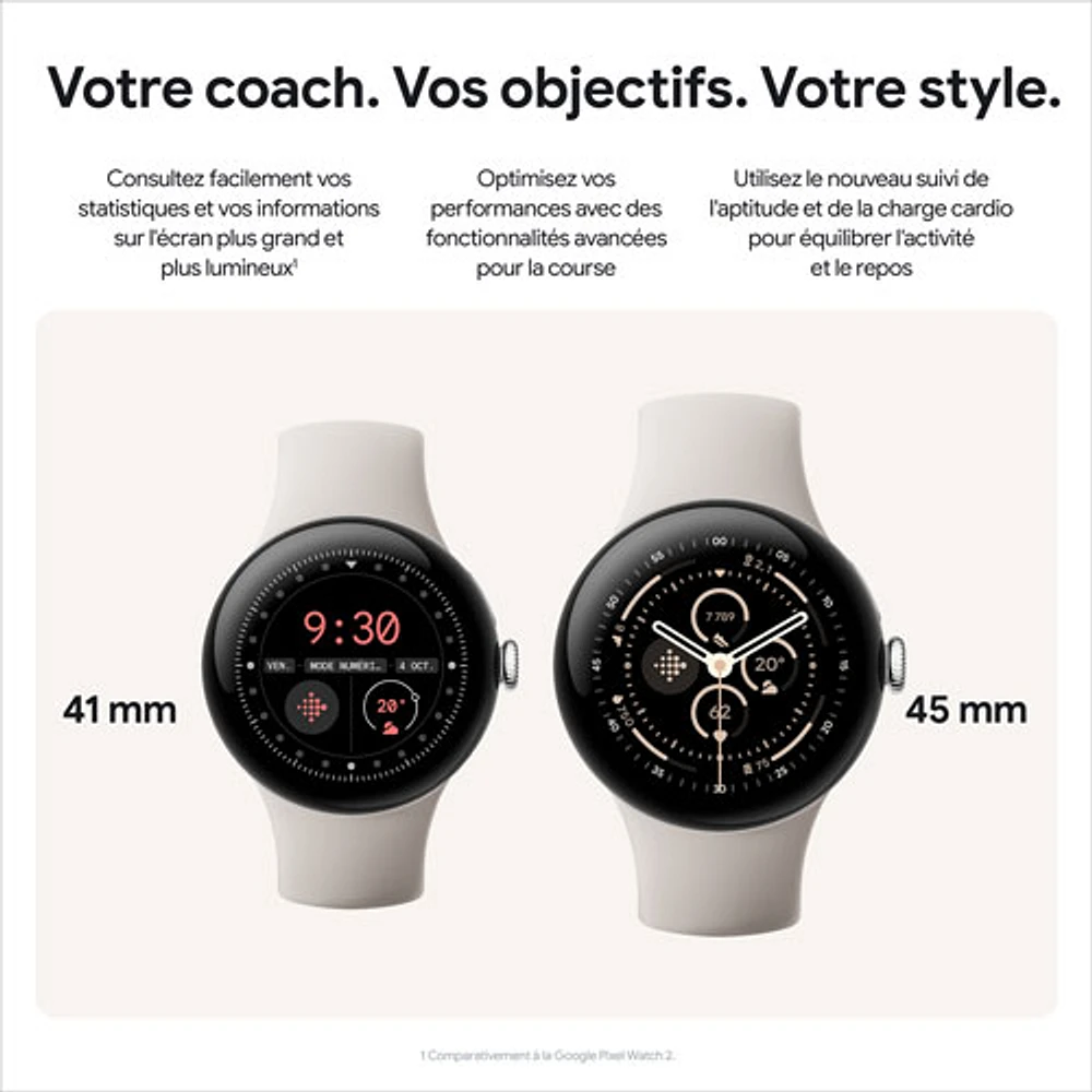 Montre Pixel Watch 3 (GPS) mm de Google avec boîtier en aluminium argenté poli et bracelet sport porcelaine