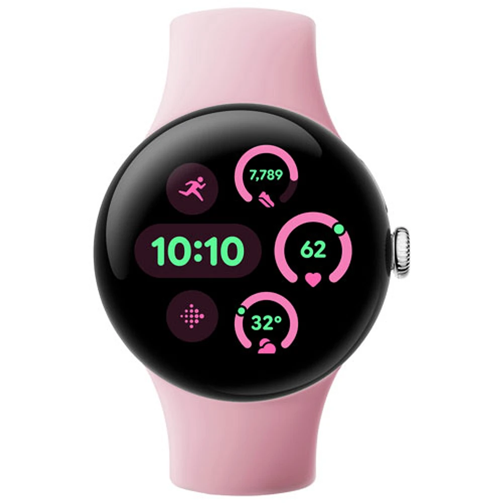 Montre Pixel Watch 3 (GPS) 41 mm de Google avec boîtier en aluminium argenté poli et bracelet de sport quartz rose