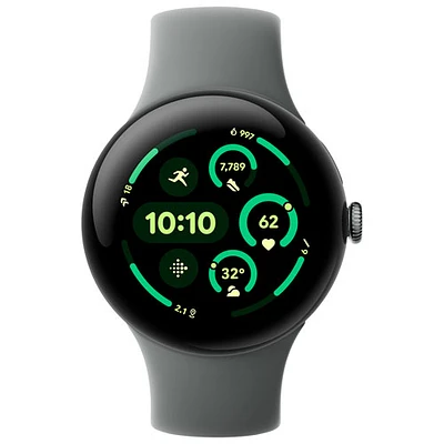 Montre Pixel Watch 3 (GPS) 45 mm de Google avec boîtier en aluminium vert lichen mat et bracelet de sport noir vert lichen